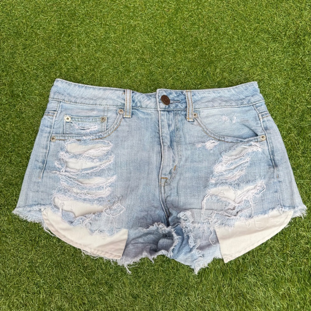American Eagle Hi-Rise Festival Denim Shorts‎ Light Wash Distressed Size 4